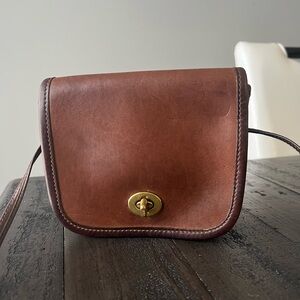 Brown Leather Turnlock Shoulder Bag